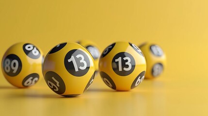 Close up of yellow lottery balls on pastel background with lucky number 13 as the focal point