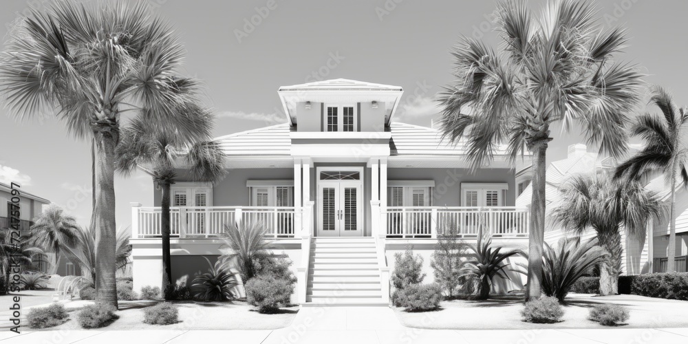 Poster a black and white photo of a house with palm trees. suitable for various uses