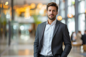 Mature adult businessman standing in the office hall. A man in a suit looking like a businessman or ceo manager