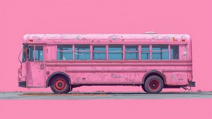  an old pink school bus is parked in a parking lot in front of a pink wall and a pink wall behind it is an empty parking lot in front of the bus. - obrazy, fototapety, plakaty