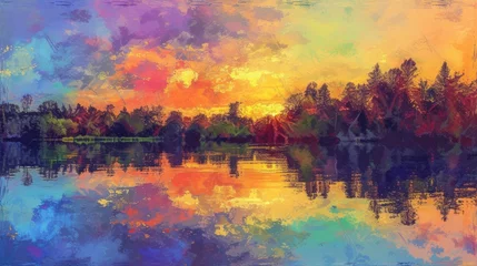 Fototapeten A serene lakeside scene at sunset with vibrant colors reflecting off the water - Impressionism © Elvin