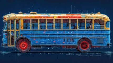  a drawing of a blue and yellow bus with red rims on the front and side of the bus with red rims on the front and side of the bus. - obrazy, fototapety, plakaty