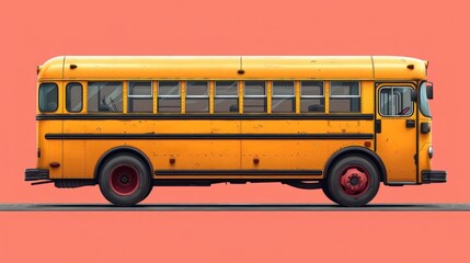  a yellow school bus parked on the side of the road in front of a pink background with a black stripe on the side of the bus and a red stripe on the side of the bus.