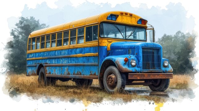  a watercolor painting of a blue and yellow school bus parked on the side of the road in a field of grass with trees in the back of the picture.