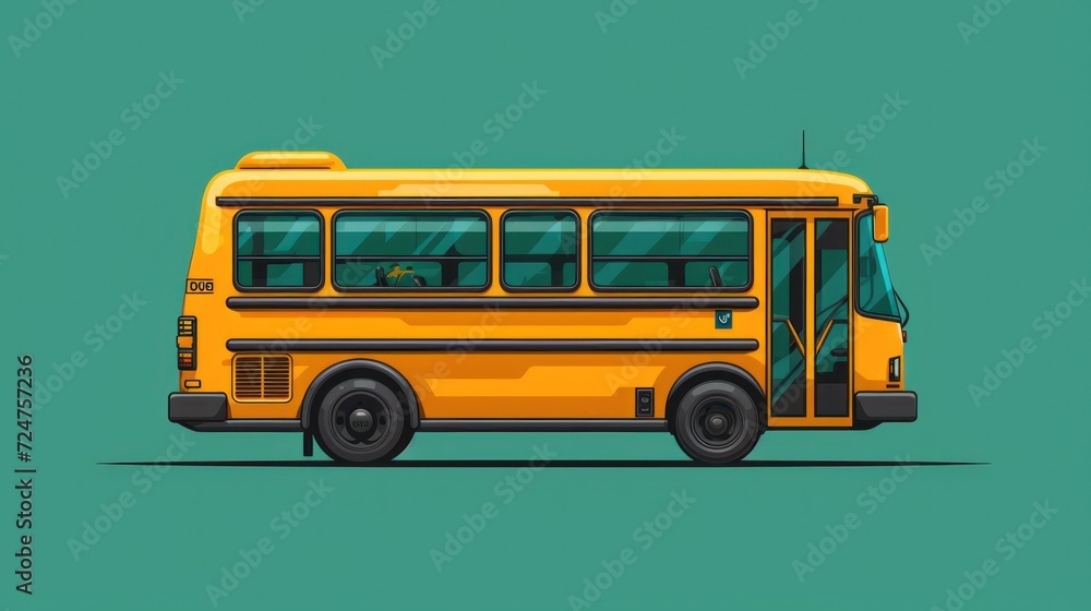 Wall mural an illustration of a yellow school bus on a green background with a shadow of the front of the bus o