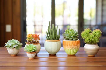 medium shot of succulents in ceramic pots on a wooden table