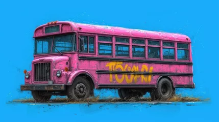 Foto op Canvas  a painting of a pink school bus with yellow writing on the side of the bus and on the side of the bus is a blue background with a blue sky. © Shanti