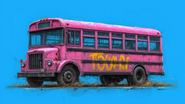  a painting of a pink school bus with yellow writing on the side of the bus and on the side of the bus is a blue background with a blue sky.