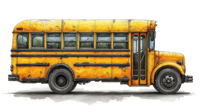  a drawing of a yellow school bus that is painted in watercolor on a white paper with a black outline on the bottom of the bus and bottom half of the bus.