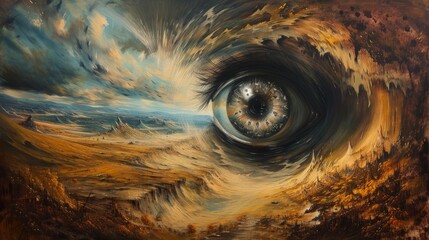 A swirling vortex in the eye of a giant, the landscape inside depicting a dreamscape filled with contradicting elements - Surrealism - obrazy, fototapety, plakaty