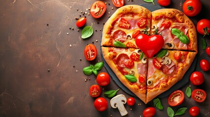 Obraz na płótnie Canvas Heart shaped pizza on light table for romantic dinner with copy space, top view angle