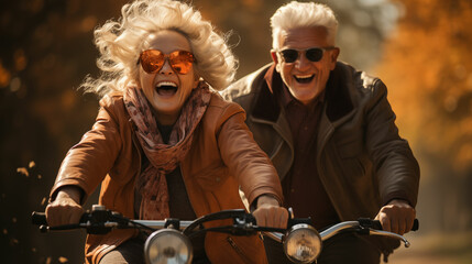 Happy Activity for Old Man and Woman Riding on the Bikes. Generative AI - obrazy, fototapety, plakaty