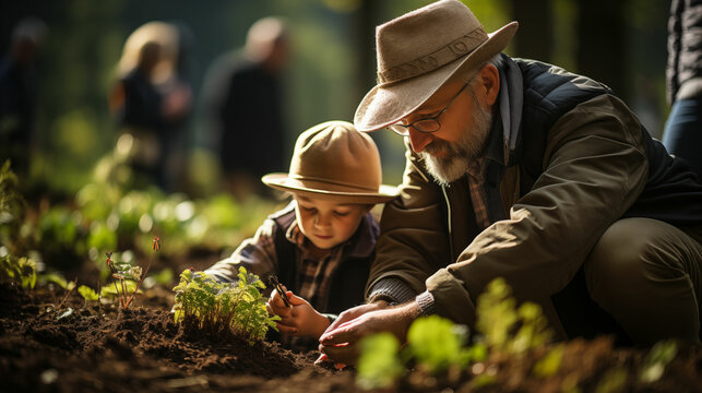An older man and a young boy are seen exploring the plants, surrounded by tall trees and foliage