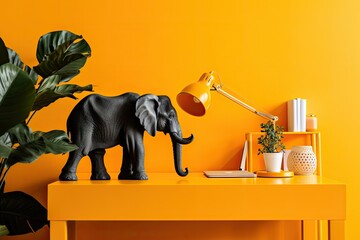 An orange home office desk with office supplies, an elephant figurine, leaves, and a plant. Inventive area with an orange wall as a backdrop. Workspace for the arts. Location for the inscription - Powered by Adobe