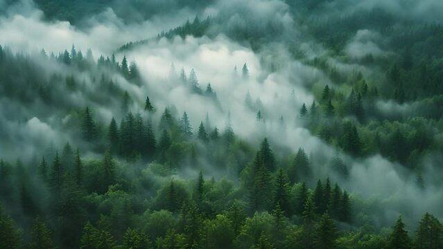 Mist moving between the trees ariel view. Rainy weather in mountains and forest. Misty fog blowing over pine tree forest. Aerial footage of spruce forest trees on the mountain hills at misty day. Morn
