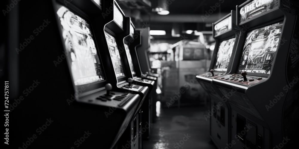 Poster a black and white photo of a row of arcade machines. this picture can be used to depict retro gaming