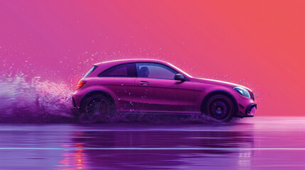  a pink car driving through a body of water on a pink and pink background with a splash of water on the front of the car and the side of the car.