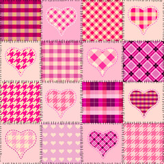 Seamless pattern of simple pink hearts isolated on pink patchwork for wrapping paper or fabric. Patchwork style. Vector illustration.