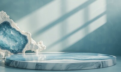 Minimalistic abstract scene with marble podium and blue geode on background  - obrazy, fototapety, plakaty