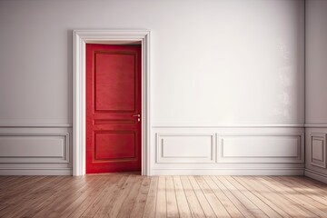 Open door with copy space on a white wall. Red wallpaper and a parquet floor decorate an empty room. interior design that is minimal