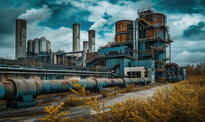 Abandoned industrial plant in the middle of the forest with blue sky