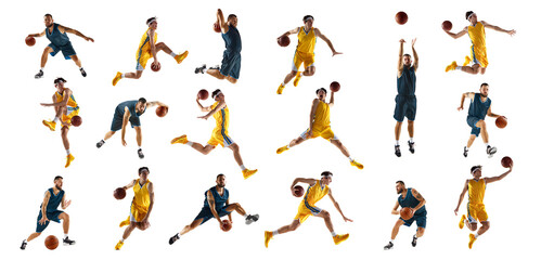 Collage. Athletic men, basketball players in sportwear exercising, training improve their playing skills against white studio background. Concept of sport, action, motion, movement, active lifestyle.
