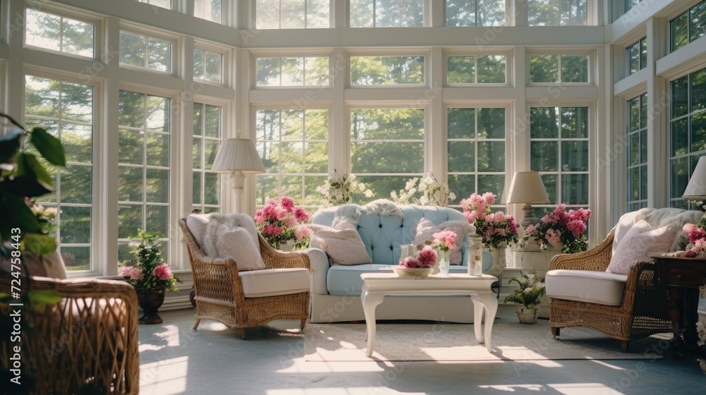 Poster a well-furnished living room with large windows that fill the space with natural light. perfect for 