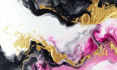 Black, pink, white and gold abstract background. Marbling artwork texture. Rose quartz ripple pattern. Gold powder.