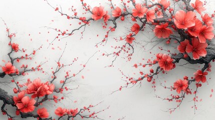  a bunch of red flowers that are on a white wall next to a black branch with red flowers on it and a black branch with red flowers on the top of the branch.