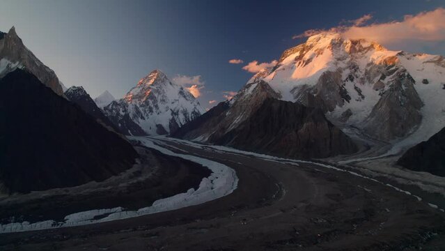 Aerial view of K2 and Broadpeak mountain at sunset view from Concordia camp, Karakoram mountains range in Pakistan
