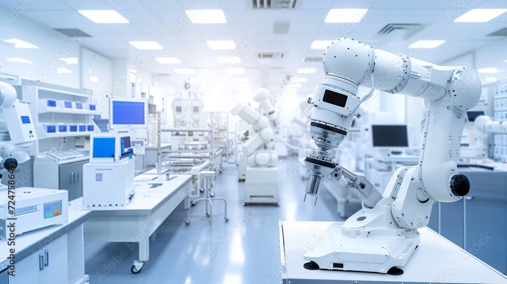 Poster robotic arm with machine learning on blurred production line background and copy space