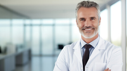 Fototapeta premium Smiling doctor man on blur hospital abstract background. Generative ai.