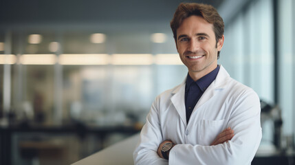 Obraz premium Smiling doctor man on blur hospital abstract background. Generative ai.
