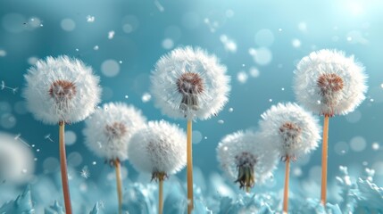  a group of dandelions blowing in the wind on a blue and white background with bubbles of water on the top of the dandelions and bottom of the dandelions.