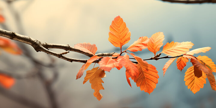 Branch with colorful yellowed leaves against the backdrop of an autumn forest, 
