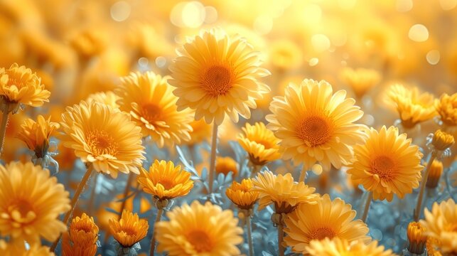  a field full of yellow flowers with the sun shining through the clouds in the background and a blurry image of the sun shining through the petals of the flowers.