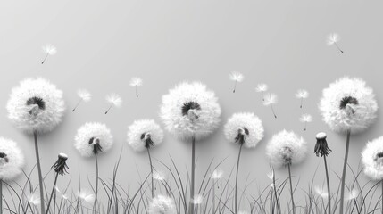  a black and white photo of a bunch of dandelions blowing in the wind on a gray background with a black and white photo of the dandelions in the foreground.