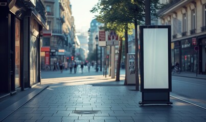 Blank street billboard on city street. Mock up of vertical advertising stand in the street