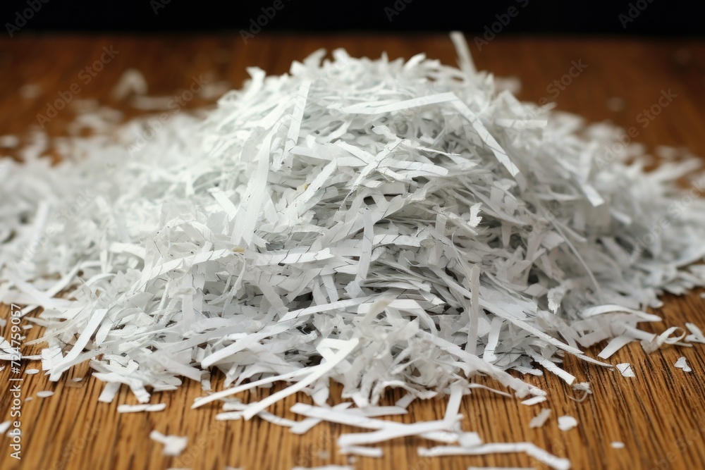 Poster shredded paper neatly arranged in a pile on top of a wooden table. perfect for creative projects and