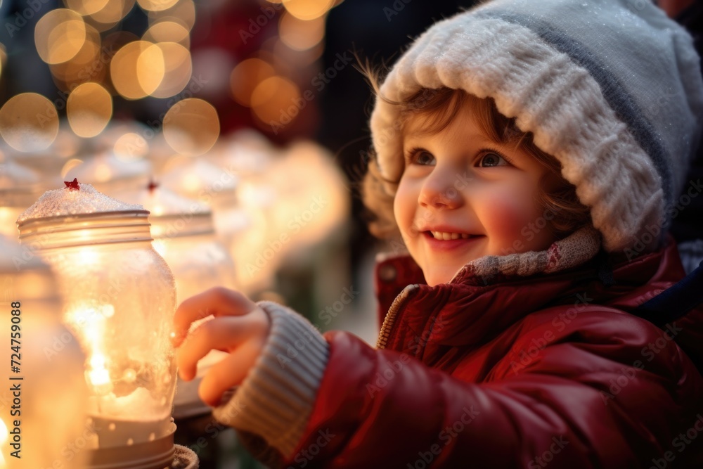 Poster a little girl holds a lit candle in a jar. perfect for creating a cozy and warm atmosphere.