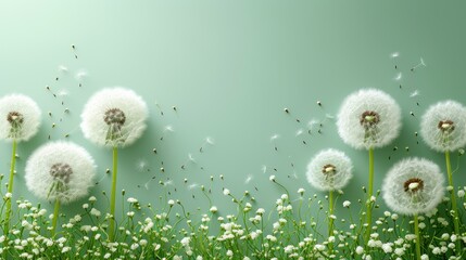  a group of dandelions blowing in the wind on a green background with tiny white flowers in the foreground and a few other dandelions in the foreground.