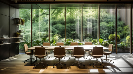 Interior of modern eco design office meeting room with panoramic windows. Concept of green industry and environment protection