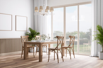 Modern contemporary vintage style dining room with nature view 3d render, There are white wall, Decorated wall with wooden slatted skirt, furnished with wooden furniture and luxury chandelier.