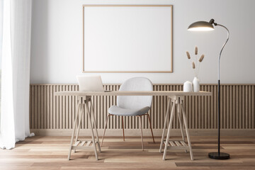 Minimal style empty picture frame made of wood hang on the wall in the working room 3d render, near the window, Decorated wall with wooden slatted skirt, furnished with wooden table