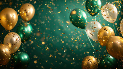 festive balloon backdrop with green and gold palette and copy space