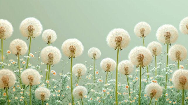  a painting of a field of dandelions and daisies with a blue sky in the back ground and a light green sky in the middle of the background.