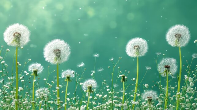  a bunch of dandelions blowing in the wind on a green and blue background with a blurry image of the dandelions in the middle of the foreground.
