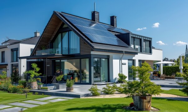 Modern house with solar panels installed on the roof. Modern house with solar panels installed on the roof.