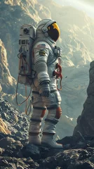 Tuinposter An adventurous human character wearing an advanced space exploration suit, exploring uncharted planets © Elvin