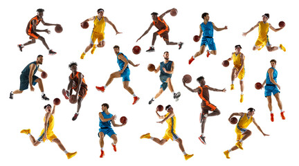 Collage. Dribbling. Athletic men, Caucasian and African-American players freeze in moment of training against white background. Concept of sport, action, motion, movement, energy, active lifestyle. Ad